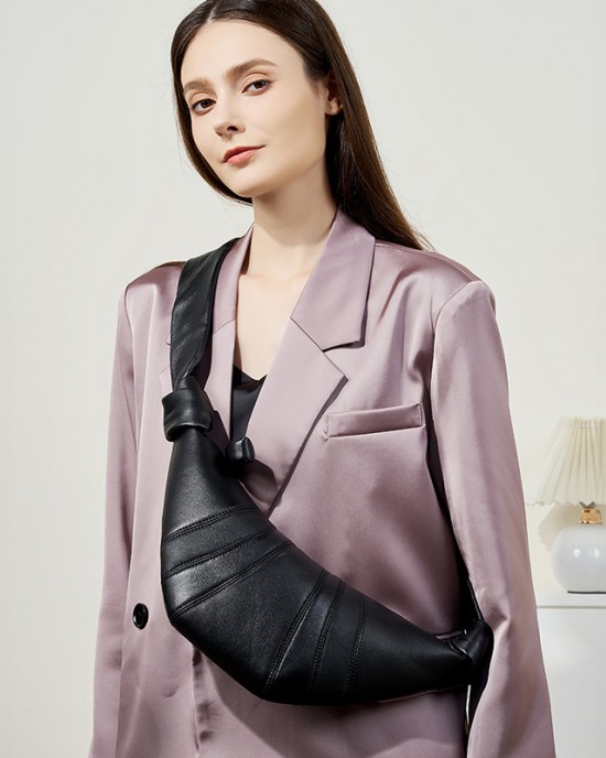 French Niche First-Grain Lambskin Croissant Bag, Lazy Croissant Bag, Genuine Leather Single-Shoulder Crossbody Dumpling Bag for Women
