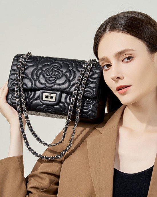 Cherry-style camellia, top-grain goatskin, genuine leather diamond-patterned shoulder bag, stylish chain bag, shoulder bag, crossbody bag