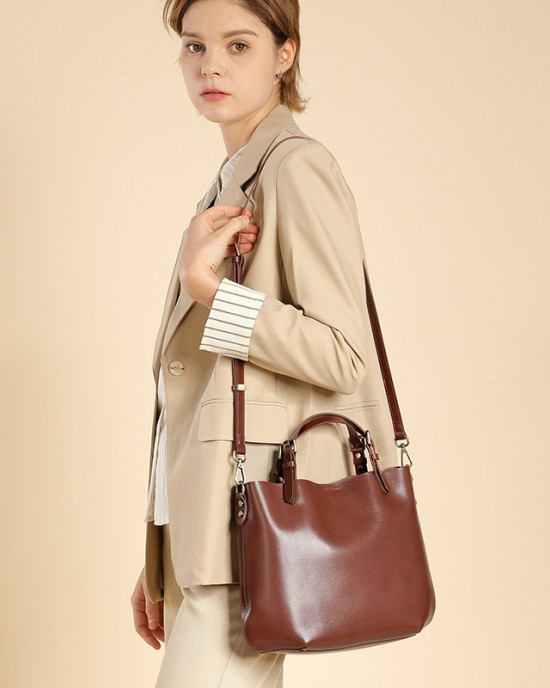 Simple, large-capacity, top-grain cowhide commuter tote bag, versatile, high-end, shoulder-shoulder, crossbody bucket bag for women. Simple, large-capacity, top-grain cowhide commuter tote bag, versatile, high-end, shoulder-shoulder, crossbody bucket bag for women.