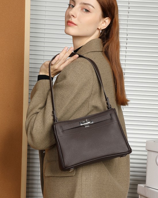 Genuine leather women's bag, top-grain cowhide lock buckle, fashionable, simple, commuter, underarm Small square crossbody bag, Kelly bag