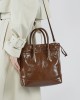 Song niche top-grain cowhide vintage drawstring handbag, single-shoulder/crossbody bucket bag, pleated genuine leather women's bag.