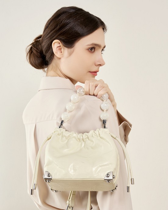 2025 new Chinese-style beaded bags, top-grain cowhide hand-scratched pattern pleated lucky bag handbags, shoulder and crossbody handbags