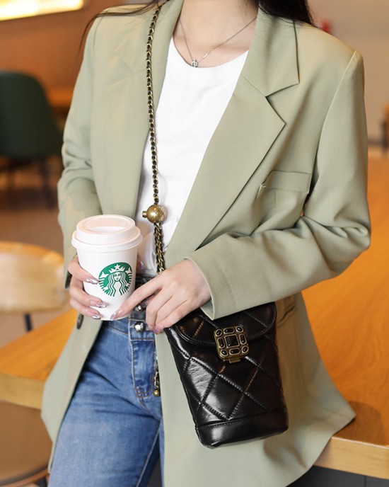 Fashionable genuine leather chain phone bag, Chanel 2025 new diamond-cut gemstone small gold ball shoulder and crossbody calfskin bag